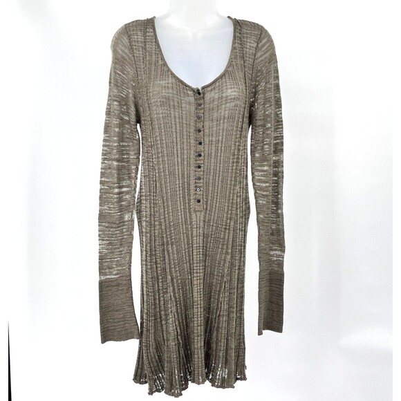Free People Dresses & Skirts - Free People Shirt Dress Womens M Green Gauze Sheer Knit Long Sleeve Above Knee